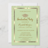 Diamonds Gold Grad Cap Light Green Abschluss Einladung (Vorderseite)