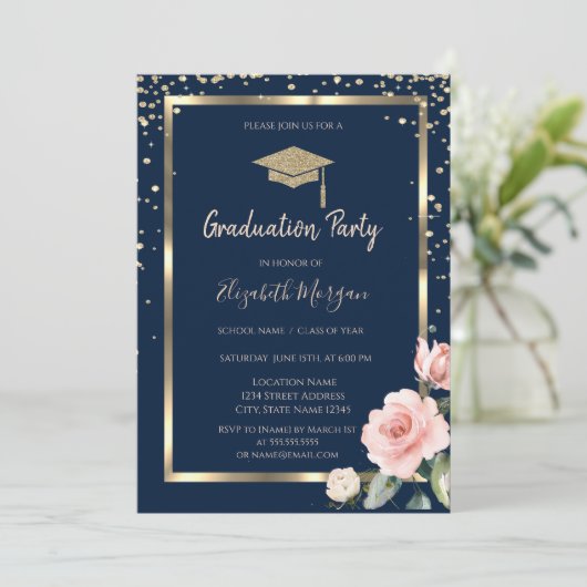 Diamonds Gold Grad Cap Rose Navy Blue Abschluss Einladung (Stehend Vorderseite)