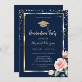 Diamonds Gold Grad Cap Rose Navy Blue Abschluss Einladung (Vorne/Hinten)