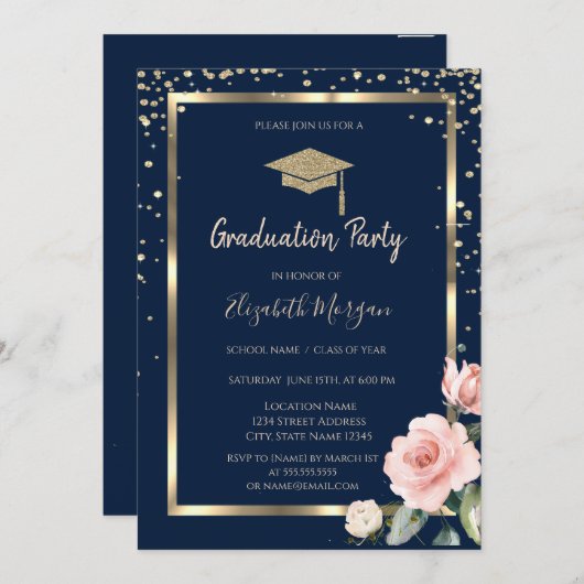 Diamonds Gold Grad Cap Rose Navy Blue Abschluss Einladung (Vorne/Hinten)