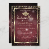 Diamonds Gold Graduation Cap Dark Red Abschluss Einladung (Vorne/Hinten)