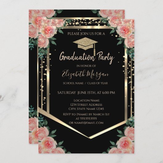 Diamonds Gold Graduation Cap Floral Abschluss Einladung (Vorne/Hinten)