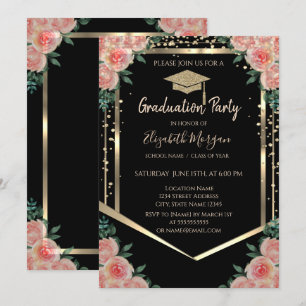 Diamonds Gold Graduation Cap Floral Abschluss Einladung