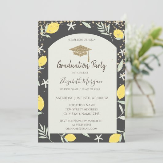 Diamonds Gold Graduation Cap Lemons Abschluss Einladung (Stehend Vorderseite)