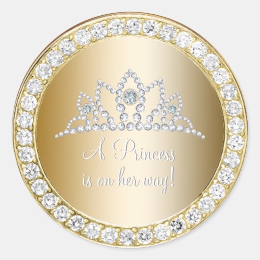 Diamonds Gold Princess Tiara Baby Dusche Gefallen Runder Aufkleber (Vorderseite)