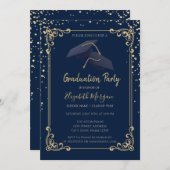 Diamonds Grad Cap Frame Navy Blue Graduation Einladung (Vorne/Hinten)