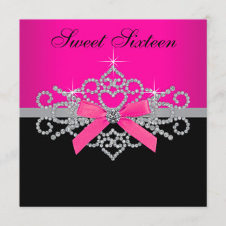 Diamonds Hot Pink Black Sweet 16 Geburtstagsparty Einladung