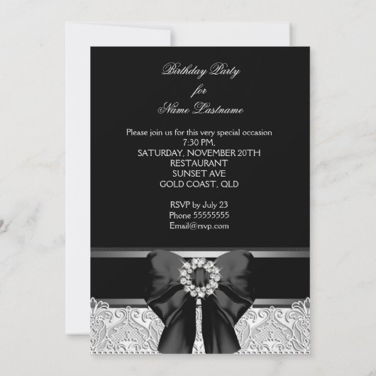 Diamonds Lace Image Birthday Party Schwarz-weiß Einladung (Rückseite)