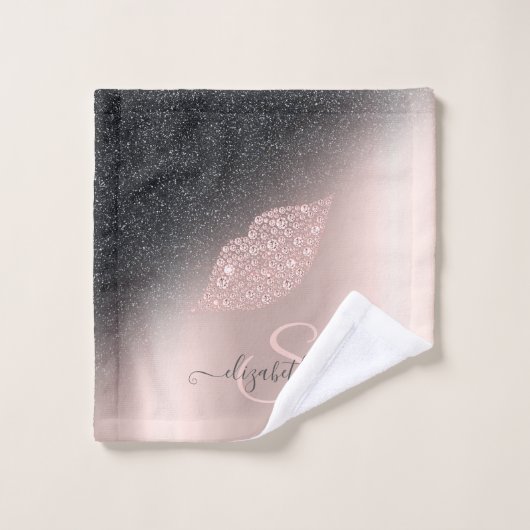 Diamonds Lips Glitzer Ombre Rose Gold Badhandtuch Set (Waschlappen)