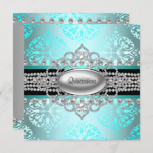 Diamonds Pearls Aquamarin Blue Quinceanera Einladung (Vorne/Hinten)