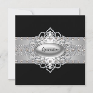 Diamonds Pearls Black Quinceanera Einladung