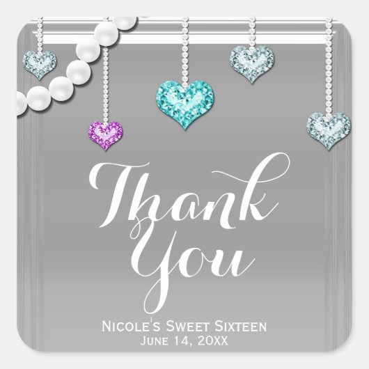 Diamonds & Pearls Bling Juwelen Silver Glam Party Quadratischer Aufkleber (Vorderseite)