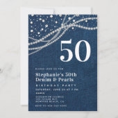 Diamonds Pearls Denim Elegant Classy 50. Geburtsta Einladung (Vorderseite)