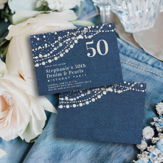 Diamonds Pearls Denim Elegant Classy 50. Geburtsta Einladung