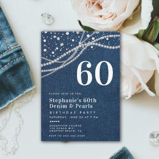Diamonds Pearls Denim Elegant Klasse 60. Geburtsta Einladung