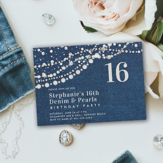 Diamonds Pearls Denim Elegant Klasse Chic Sweet 16 Einladung