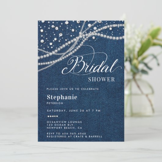 Diamonds Pearls Denim Elegantes klassisches Brautp Einladung (Stehend Vorderseite)