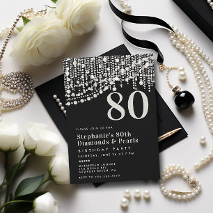 Diamonds Pearls Fringe Schwarz-weiß 80. Geburtstag Einladung