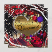 Diamonds Pearls Herz High Heels Quinceañera Einladung (Vorne/Hinten)