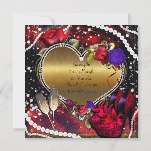 Diamonds Pearls Herz High Heels Quinceañera Einladung (Rückseite)