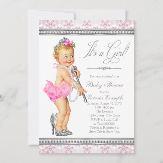 Diamonds Pearls High Heel Little Lady Baby Shower Einladung (Vorderseite)