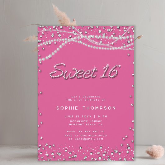 Diamonds Pearls Hübsch Girly Pink Elegant Sweet 16 Einladung