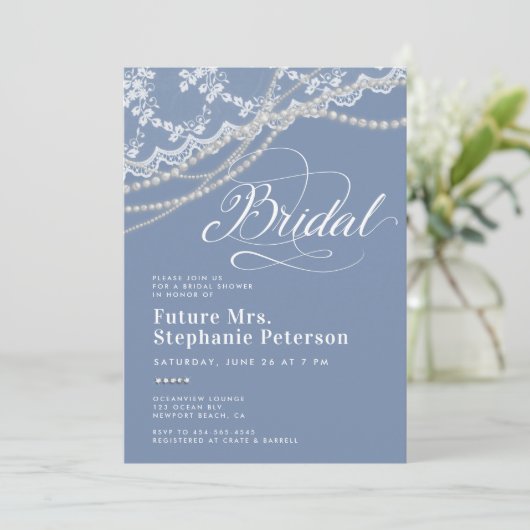 Diamonds Pearls Lace Etwas Blue Brautparty Einladung (Stehend Vorderseite)