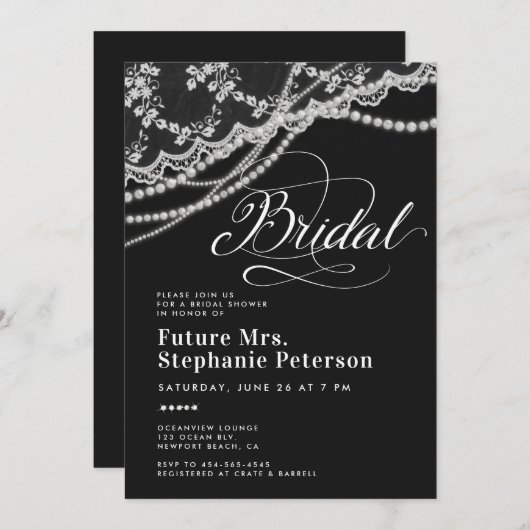 Diamonds Pearls Lace Schwarz-weißes Brautparty Einladung (Vorne/Hinten)