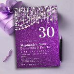 Diamonds Pearls Lila Glitzer Chic 30. Geburtstag Einladung<br><div class="desc">Eine moderne, elegante und klassische, lila Glitzer 30. Geburtstag Party Einladung Vorlage für Frauen mit einem texturierten, glitzernden lila Hintergrund (digitaler Effekt), Fäden von Perlen und Diamanten (das sind auch digitale Effekte) und moderne Typografie in Weiß. Ein schicker "Diamanten und Perlen" Design für eine Frau, die dreißig Jahre alt wird,...</div>