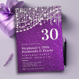 Diamonds Pearls Lila Glitzer Chic 30. Geburtstag Einladung