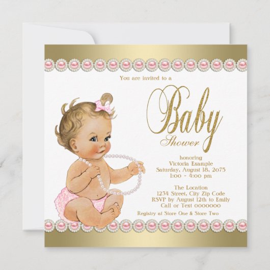 Diamonds Pearls Pink Gold Baby Dusche Einladung (Rückseite)