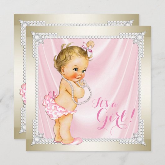 Diamonds Pearls Pink Gold Girly Baby Dusche Einladung (Vorne/Hinten)
