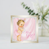 Diamonds Pearls Pink Gold Girly Baby Dusche Einladung (Stehend Vorderseite)