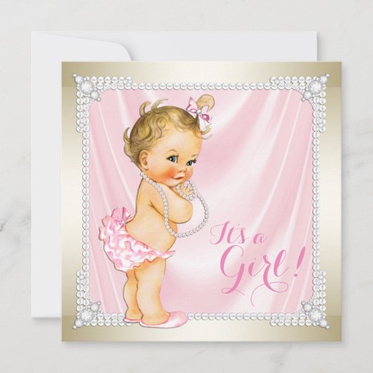 Diamonds Pearls Pink Gold Girly Baby Dusche Einladung (Vorderseite)