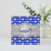 Diamonds Pearls Royal Blue Birthday Party Einladung (Stehend Vorderseite)