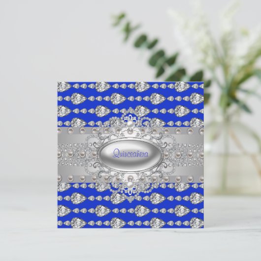 Diamonds Pearls Royal Blue Birthday Party Einladung (Stehend Vorderseite)
