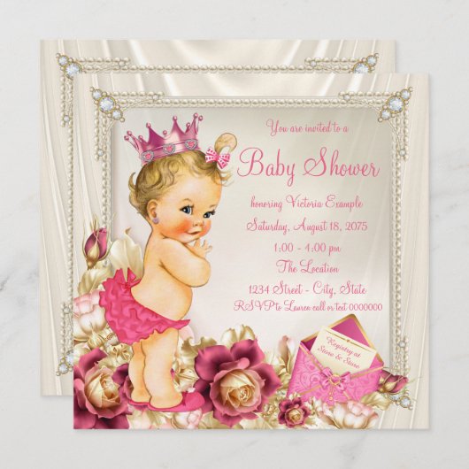 Diamonds Pearls Satin Pink Princess Baby Dusche Einladung (Vorne/Hinten)