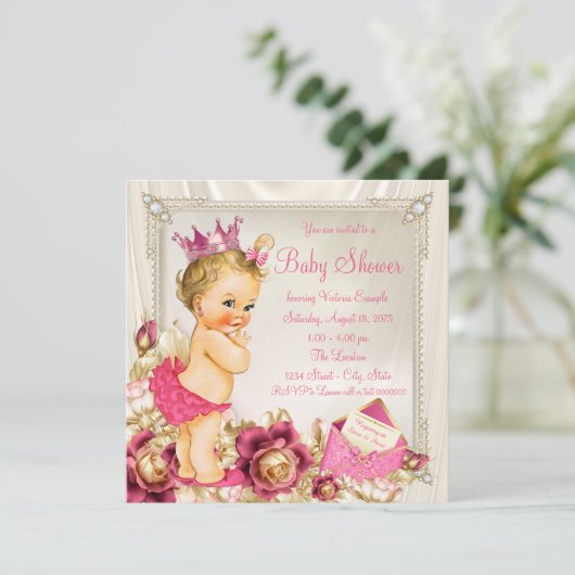 Diamonds Pearls Satin Pink Princess Baby Dusche Einladung (Stehend Vorderseite)