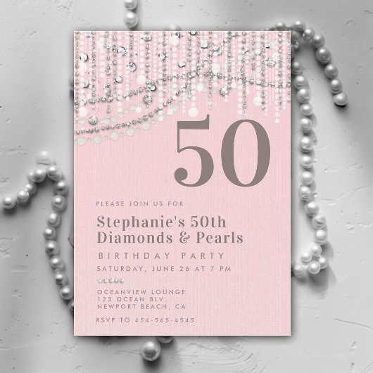 Diamonds Pearls Vintag Pink Elegant 50. Geburtstag Einladung