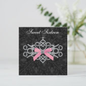 Diamonds Pink Black Damask Sweet 16 Geburtstagspar Einladung (Stehend Vorderseite)