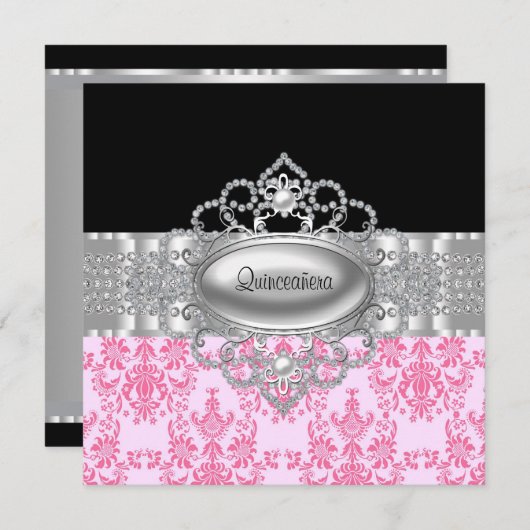 Diamonds Pink Black Quinceanera Einladungen (Vorne/Hinten)