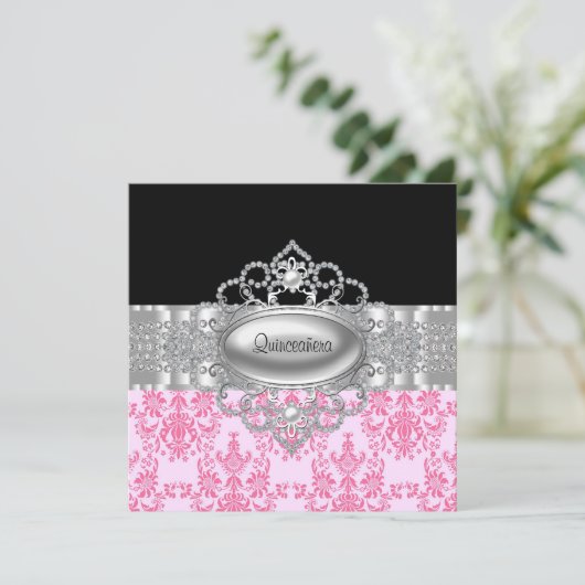 Diamonds Pink Black Quinceanera Einladungen (Stehend Vorderseite)