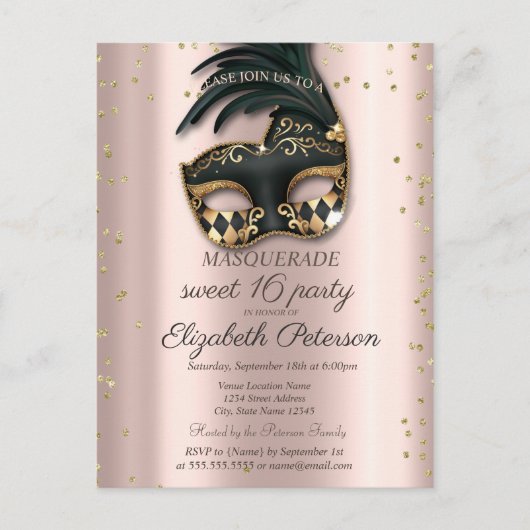 Diamonds Rose Gold Black Masquerade Sweet 16 Einladungspostkarte (Vorderseite)