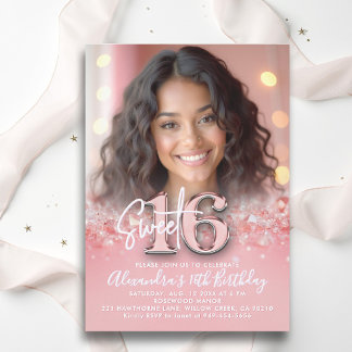 Diamonds Rose Gold Modernes Chic Foto Sweet 16 Einladung