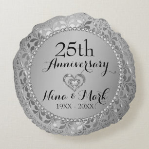 Diamonds & Silver 25th Wedding Anniversary Rundes Kissen