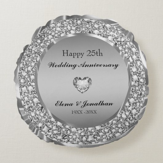 Diamonds & Silver 25th Wedding Anniversary Rundes Kissen (Vorderseite)