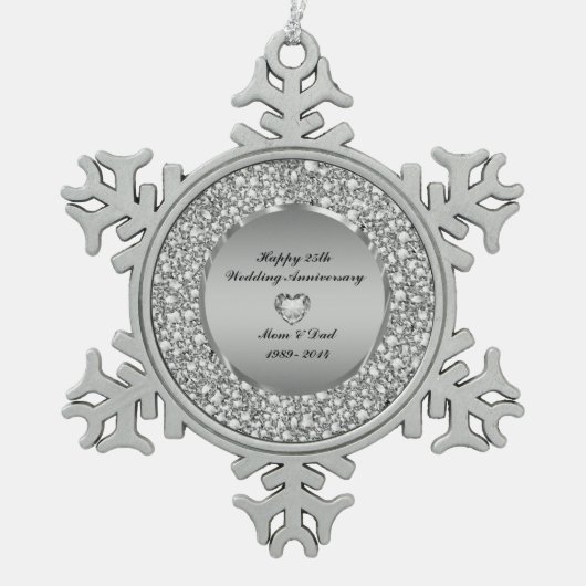 Diamonds & Silver 25th Wedding Anniversary Schneeflocken Zinn-Ornament (Vorderseite)