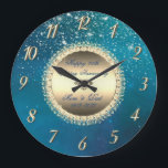 Diamonds Stars Blue 50 Hochzeitstag Große Wanduhr<br><div class="desc">Elegante goldene Diamanten und Sterne auf blauem Hochzeitstag Uhr.</div>