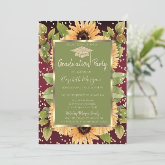 Diamonds Sunflowers Red Graduation Einladung (Stehend Vorderseite)