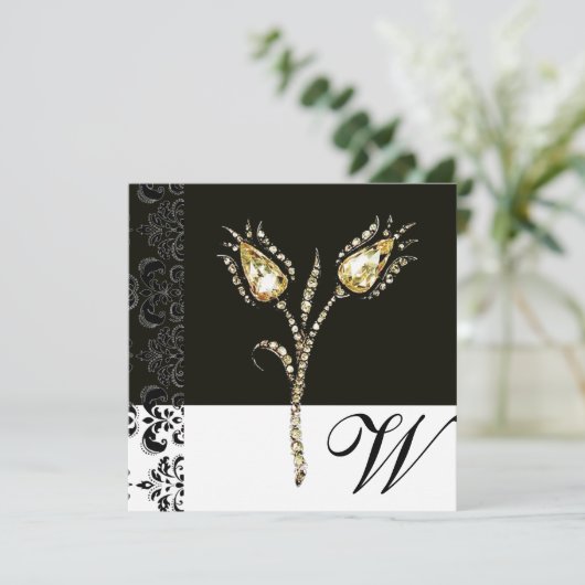 DIAMONOND TULIPS , Black and Gold Damask Monogram Ankündigung (Stehend Vorderseite)